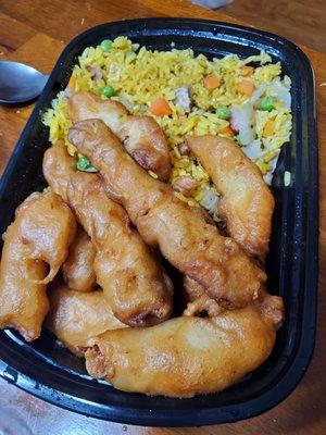 Sweet and sour chicken and pork fried rice combo plate.