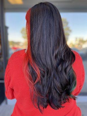 Color block orange and green, long hair cut with layers