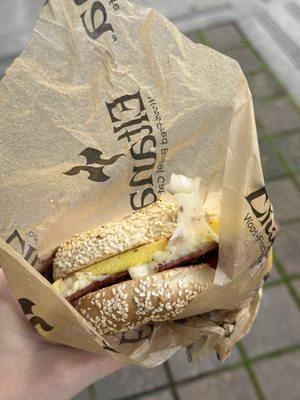 Turkey bacon and egg on a toasted sesame bagel