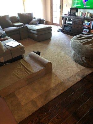 We are still having other work done so excuse the mess but you can see the inset carpet in our family room with border