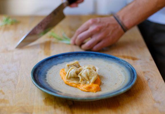 The spicy sweet potato dumpling served with a sage and garlic sauce