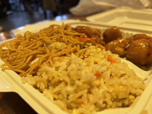 Mango chicken combination plate. Chicken good. Noodles terrible and cold. Fried rice was average. 2 out of 5 stars.