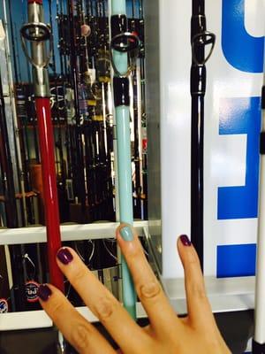 I love how my nail matches this fishing pole!!  Love this color fishing pole!! So glad they have poles for girls!!