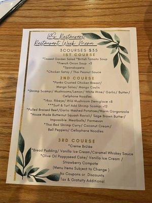 Restaurant Week menu