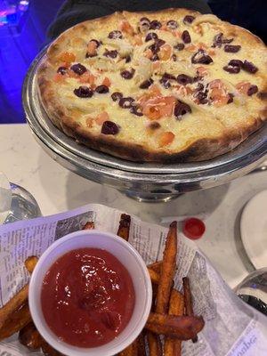 Mediterranean Pizza and Sweet Potato Fries