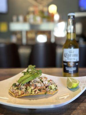 Ceviche tostada with a corona!