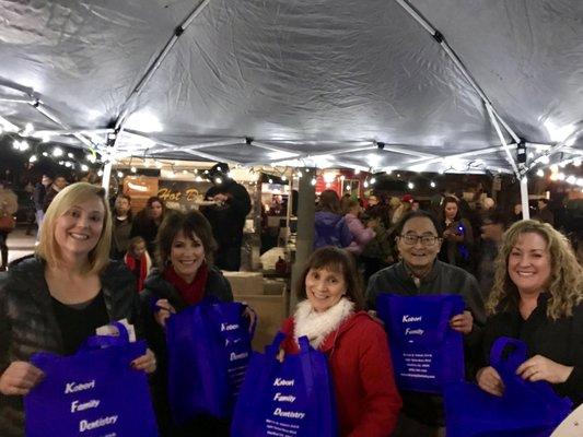 Melissa, Debbie, Desiree, Marvin S. Kobori, D.D.S. and Michele at the Rockaway Beach Tree Lighting Festival 2018.