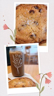 Delicious iced hojicha latte paired with a salted chocolate chip cookie!