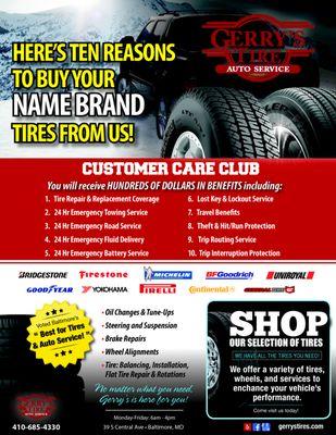 Must mention this ad and purchase 4 tires to qualify for the customer care club and Save!