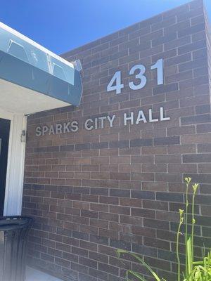 Sparks City Hall lettering.