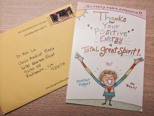 Postcard received from Elizabeth U:Dr. Lu- You really made a difference! My implant tooth is fantastic! Most appreciated! Thanks