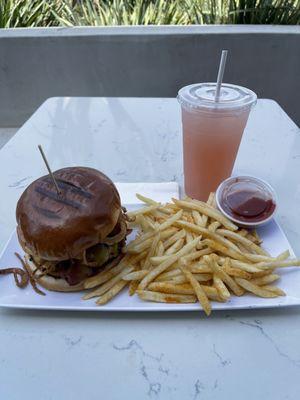 BBQ Bacon Burger w/ Fries and a Strawberry Lemonade.