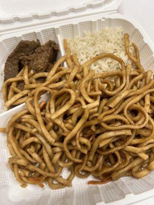 Lo mein, rice, and "teriyaki beef" - tasted terrible