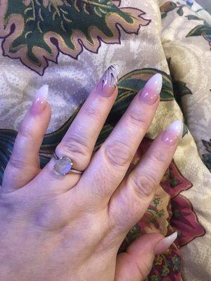 Ombré pink and white dip powder almond shaped nails done by "Sokne" at Elite Nails