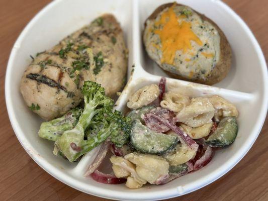 Chef's Plate- grilled chicken, Greek tortellini salad, loaded baked potato