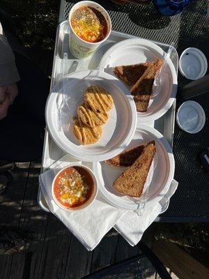 Special of the day.  Pimento grilled cheese and tomato basil soup!  Plus some Fried Green tomatoes.