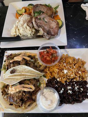 Dried-out inedible Pulled pork tacos with rice and beans. Bland Pork chops with mashed potatoes and veggies.