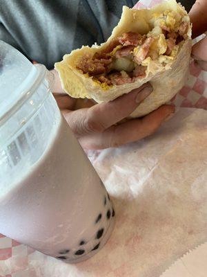 Taro smoothie with boba and a breakfast burrito with bacon!