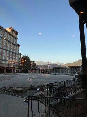 Looking out the window at the fresh concrete-decked concert venue.