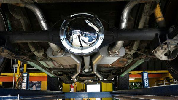 Custom dual exhaust on a Chevy Nova.