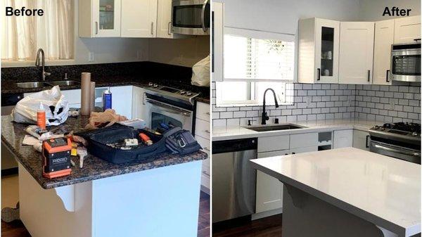 small remodeling of kitchens, installation of a new classic style backsplash, new fully manufactured countertop customized in Cortana quarte