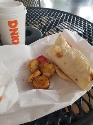 roll ups, hashbrowns,  and coffee