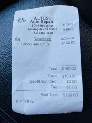 Here's the receipt for the labor paid at Altest Auto Repair.