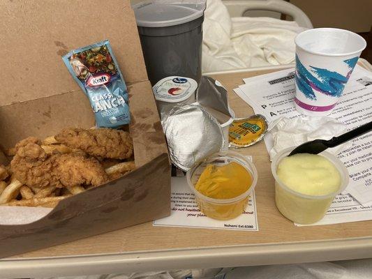 Fried Chicken and Fries with lemon sherbet and some jello.