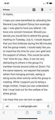 The email from Vicki with the general grief support group