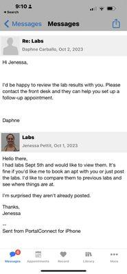 My Provider (not Dr. Cooper)confirming she would go over my labs with me.