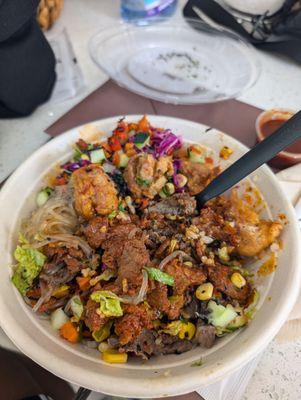 Large Bowl with Crispy Chicken, Beef Bulgogi and Spicy Pork.