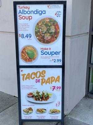 2/22/24 (thu): Albondigas Soup & Tacos de Papa signage