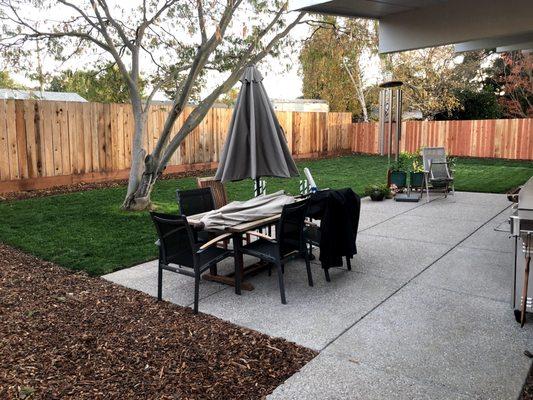 Concrete patio, Drainage, Irrigation, Sod, Bark, and Fence.