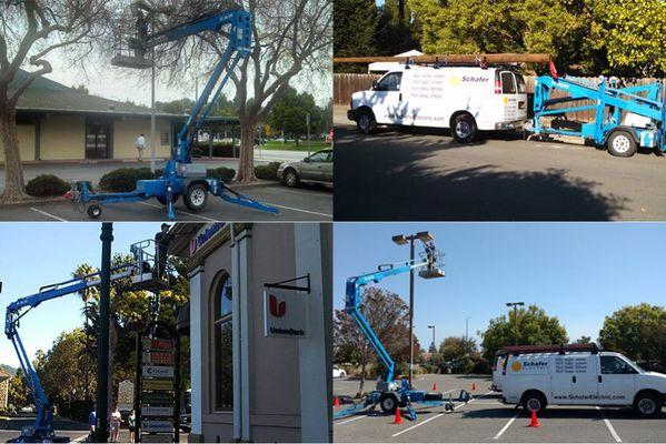 Schafer Electric's service vehicle on-site to repair parking lot lighting at commercial buildings throughout Sonoma County