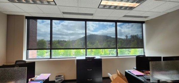 Manual roller shades for an office.