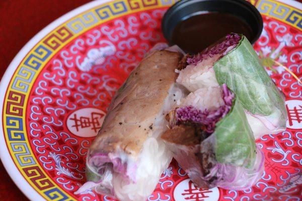 Summer Rolls: Freshly made to order, w/ rice vermicelli noodles, red cabbage, Thai basil, & smoked brisket. Hoisin Peanut Sauce on the side