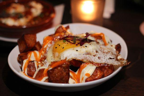 Patatas Bravas ($12) - crispy potatoes, brava sauce, aioli, fried egg. Quite heavy.