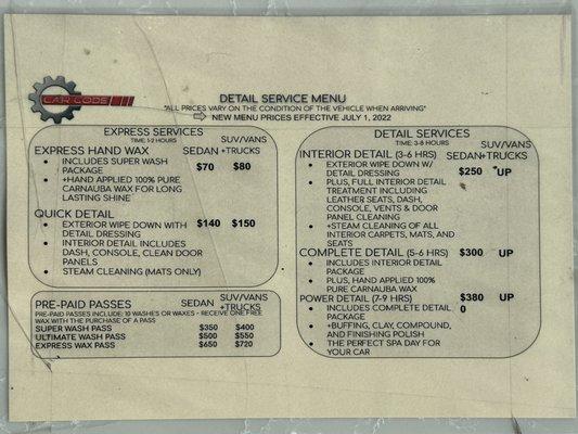 Detail service menu