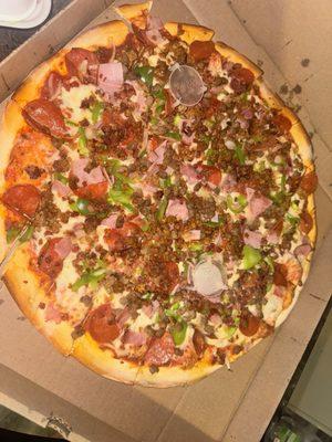 Meat, lovers, pizza with peppers and onions