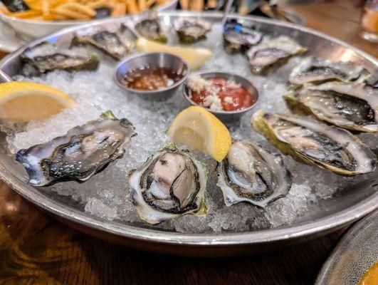 Market Oysters: Carbajal from Shelton, Washington. $28 per 1/2 dozen. Cocktail sauce, fresh horseradish, yuzu mignonette, lemon.