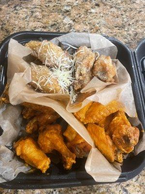 Parmesan garlic, Buffalo, and fire wings