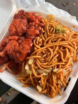 No. 1 Combo Spicy Sweet and Sour Chicken and Lo Mein Noodle $7.99 !!