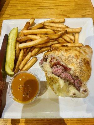 Davey's burger with onions and bacon, cooked medium rare and a side of BBQ sauce on the side. Heavy meal, but good.