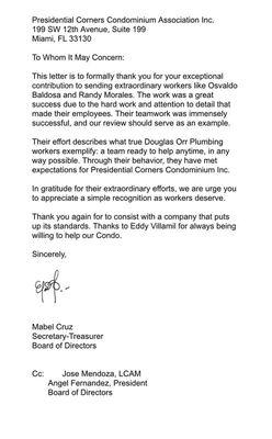 A letter of recognition of the work done at Presidential Corners!