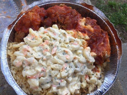 Fried Chicken with "Sauce", rice & peas plus macaroni salad