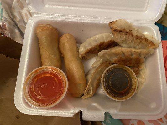 Doesn't come packaged like this btw but on the left are the 2 Piece Vegetable Spring Egg Rolls and the right are 6 Piece Pan Fried Dumplings