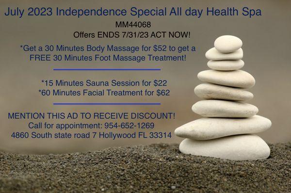 July 2023 Special! 
*$52 for 30 Minutes Body Massage + FREE 30 Minutes Foot Massage! 
*15 Minutes Sauna session $22
+ More Discounts!