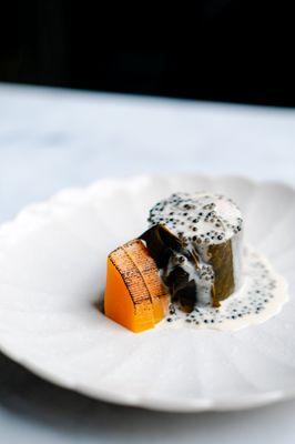 Black cod marinated in konbu, warmed in butter. Misozuke pumpkin, wakame, finished with miso emulsion and caviar.