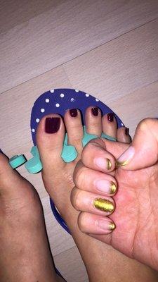 OPI gel glitter french done by Jennifer.  Essie polish pedicure done by Patricia.