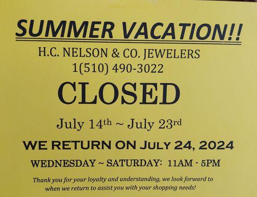 CLOSED FOR VACATION: JULY 14TH - JULY 23RD